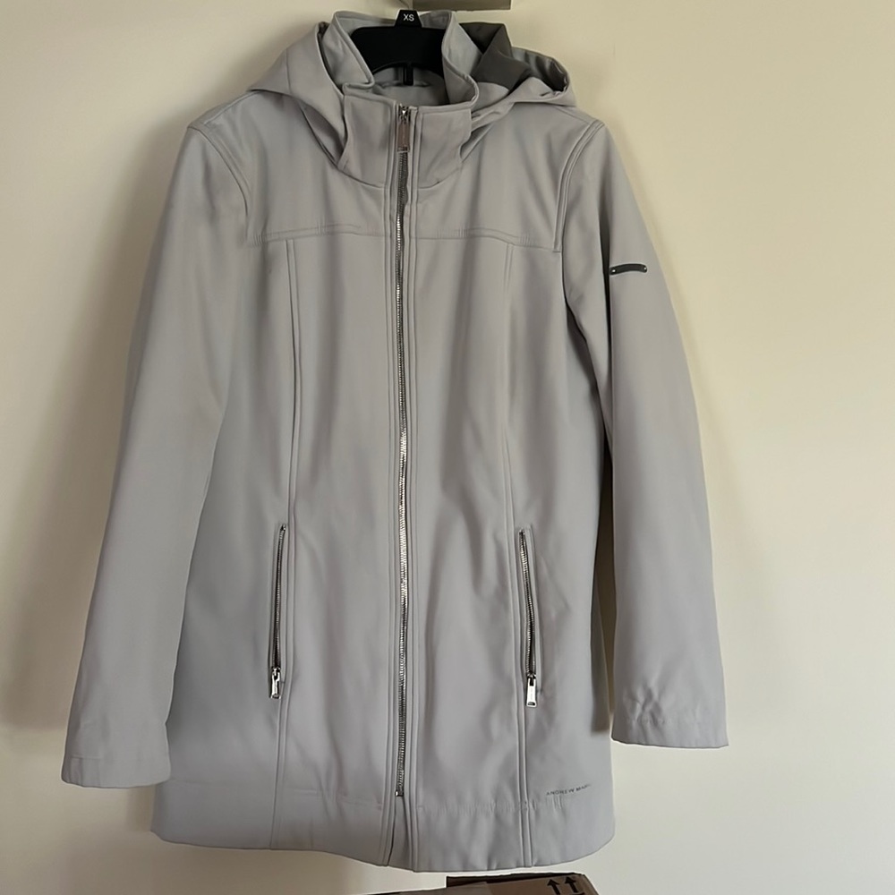 Andrew Marc: rain jacket with detachable hood.  Hood is lightweight fleece lined